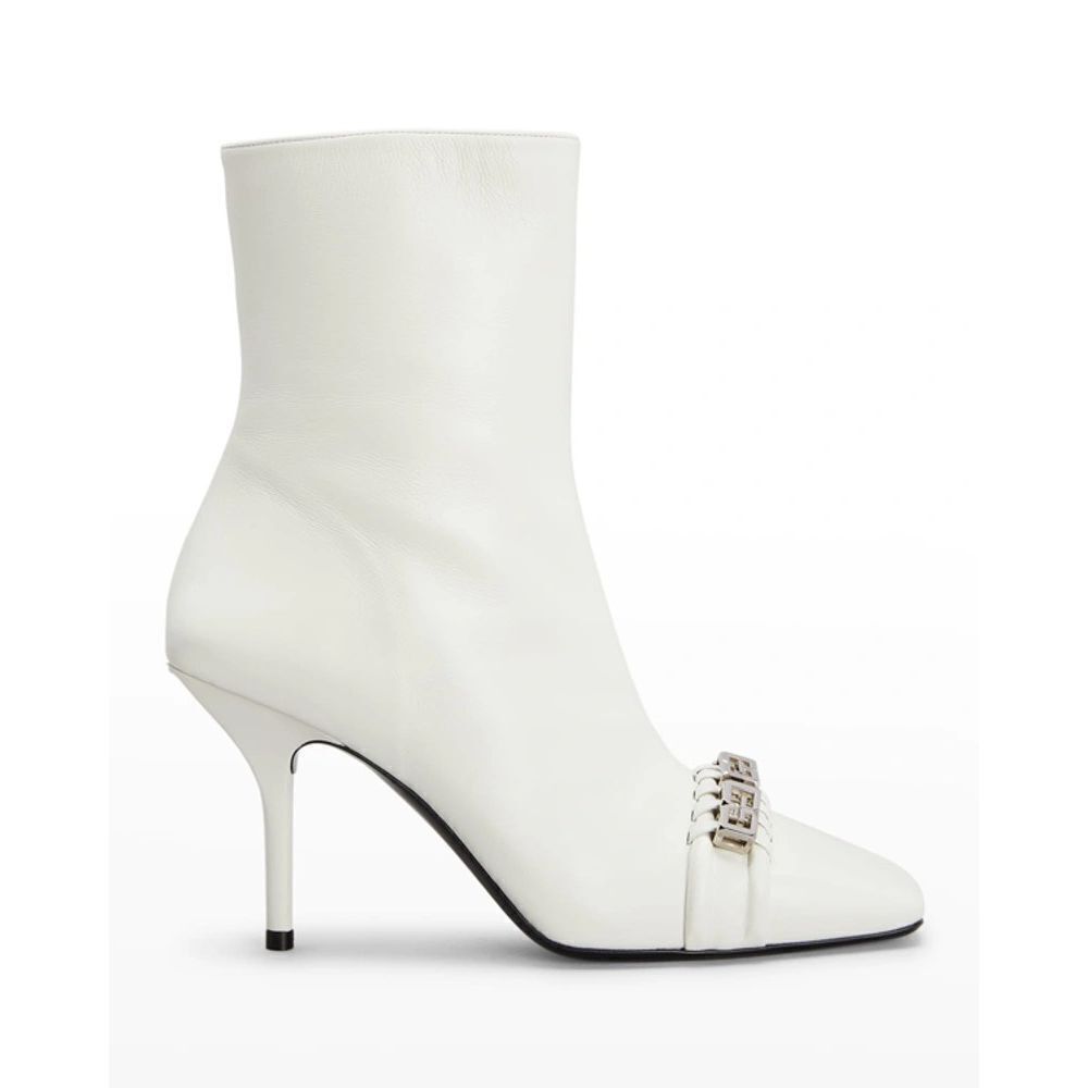 Givenchy G Woven Logo Chain Ankle Heeled Booties Leather White Size 36.5